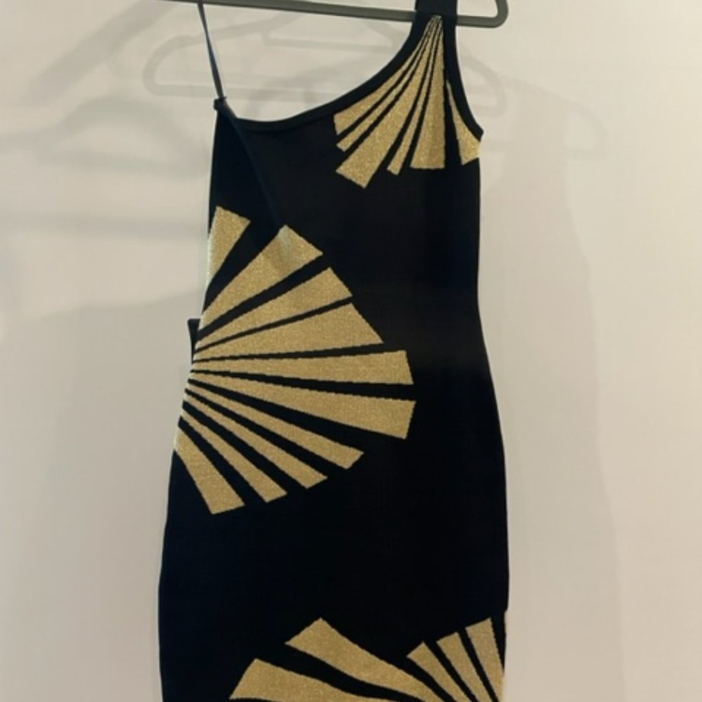 Small-Black and Gold One Shoulder Bebe Dress- New with tags